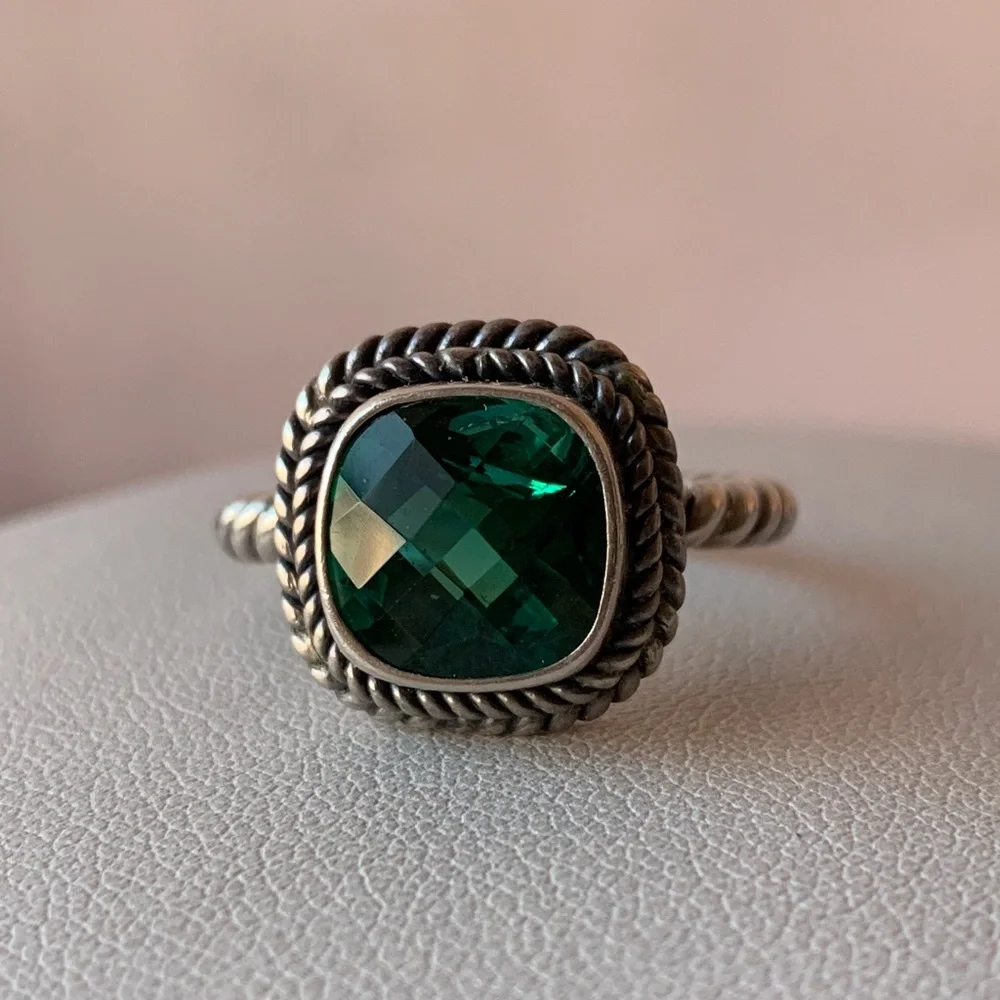 VINTAGE GREEN QUARTZ 925 STERLING SILVER TWISTED CABLE RING